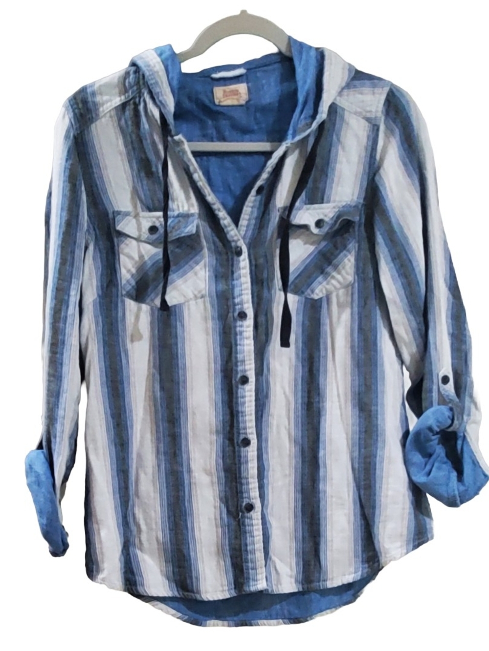 Boston Traders Blue & White Striped Hooded Button-Down Shirt